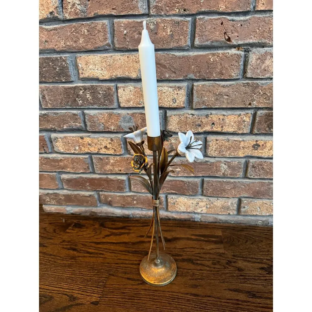 VINTAGE French Ceramic Lilies Bronze Tone Rose Hollywood Regency Candle Holder